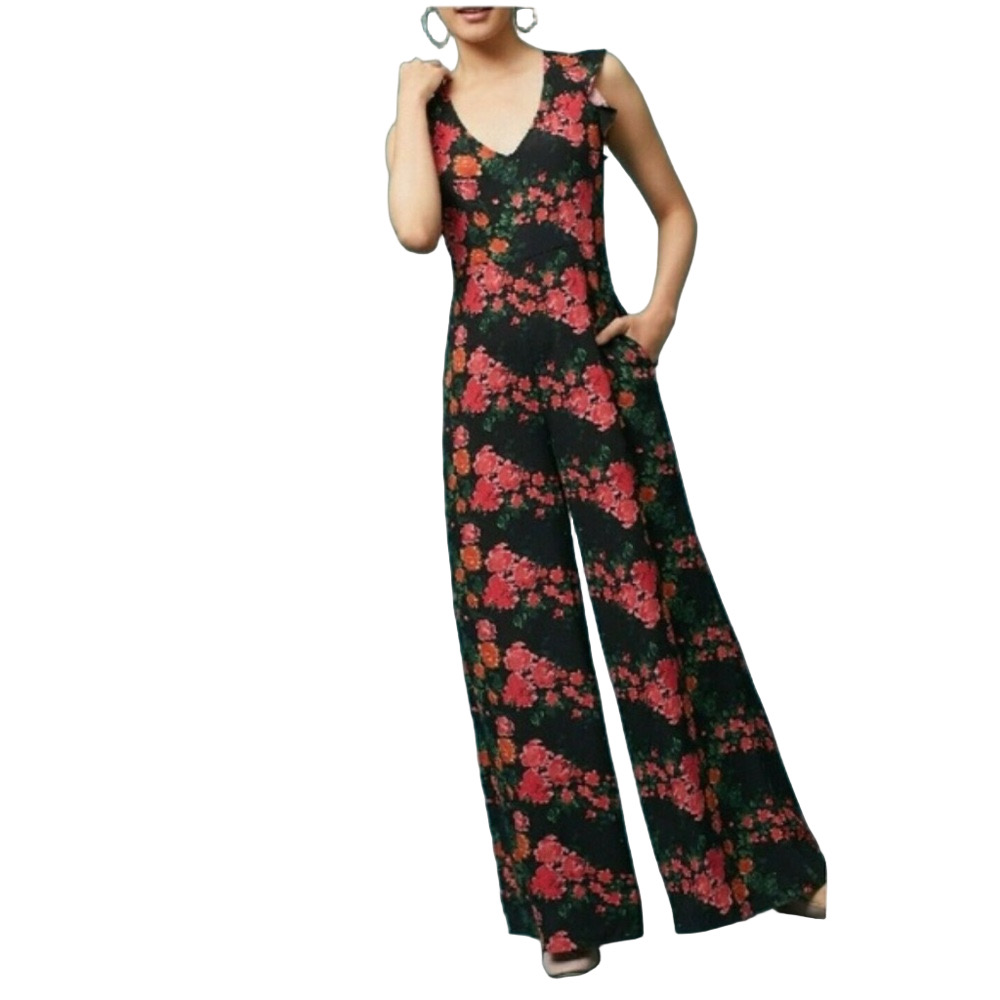 Tracy Reese XS Black and Red Floral Jumpsuit ,v-neck GUC